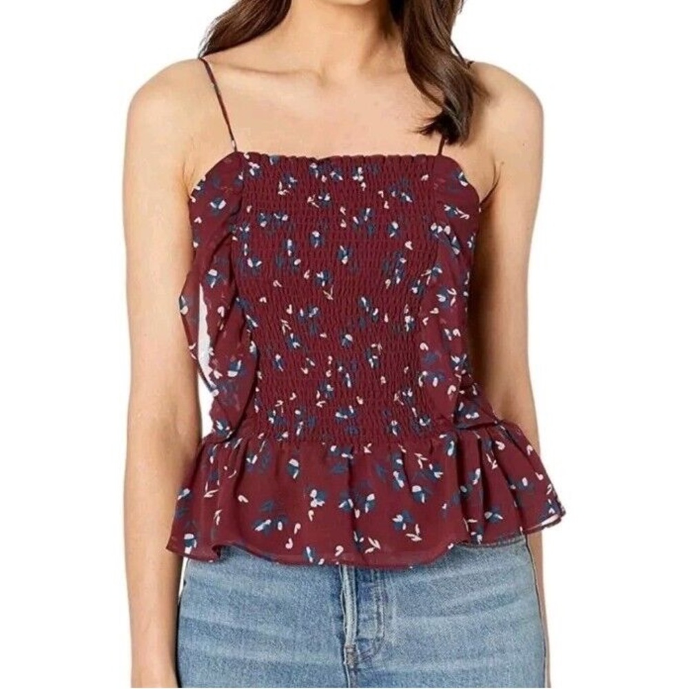 WAYF Devon Smocked Camisole Top Ruffle Burgendy Size XS